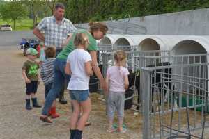 Kinderen en boer bij kalfjes van boerderij